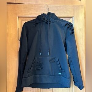 Alo Black Ripped Distressed Hoodie